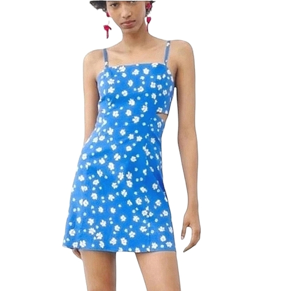 ZARA Printed Mini Dress w/ Cut-Out Detail Blue/White Size Xsmall Floral - Picture 1 of 12
